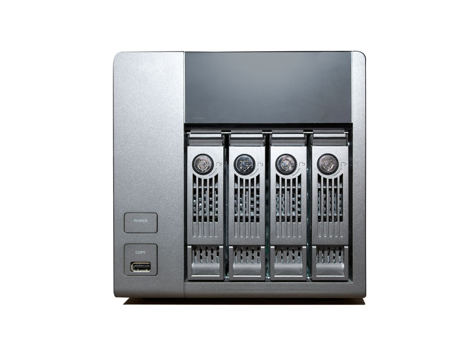 a silver computer with four disk drives attached to it