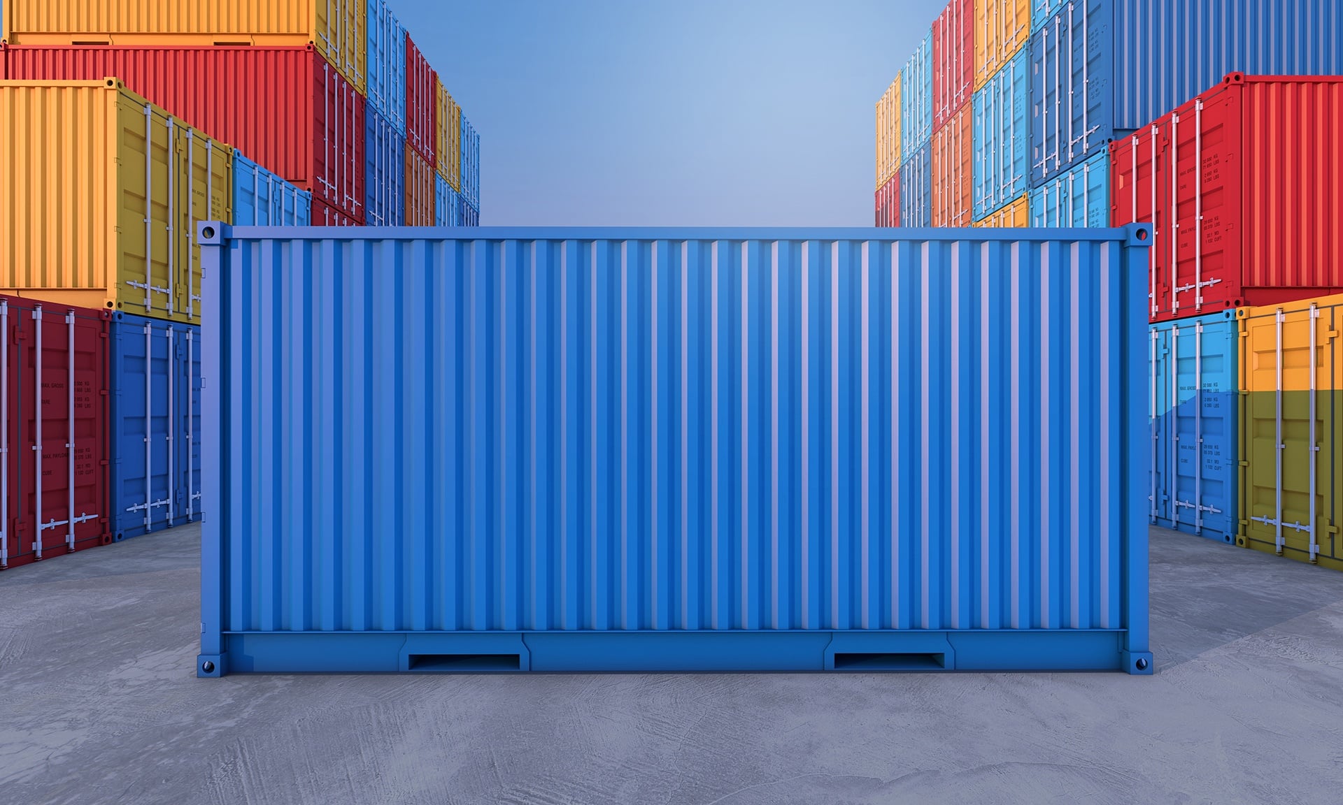 a large blue container sitting in front of many colorful containers